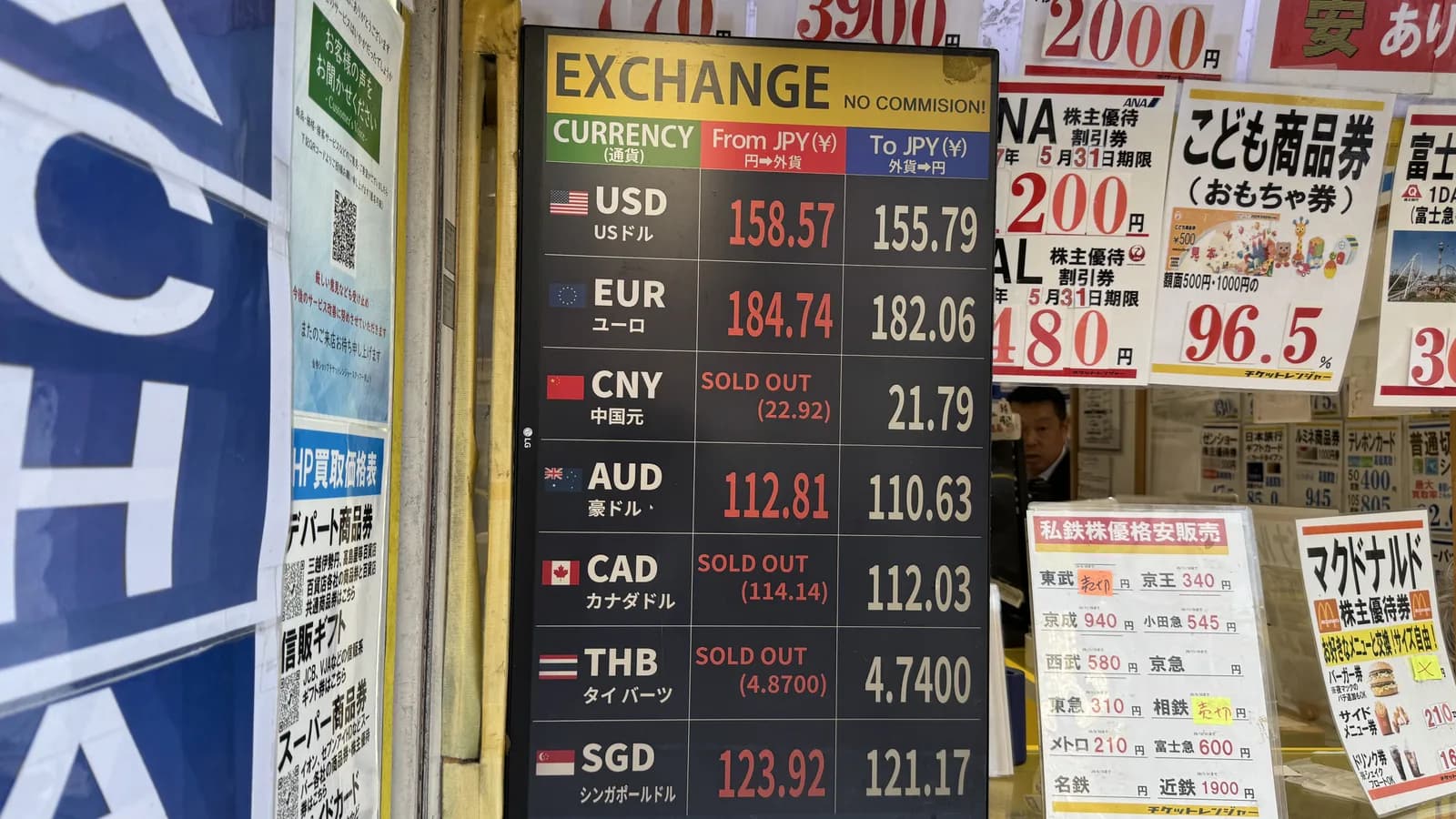 新宿東口の黄色看板群 — 金券・両替店が密集する街並み (現金文化のシンボル)