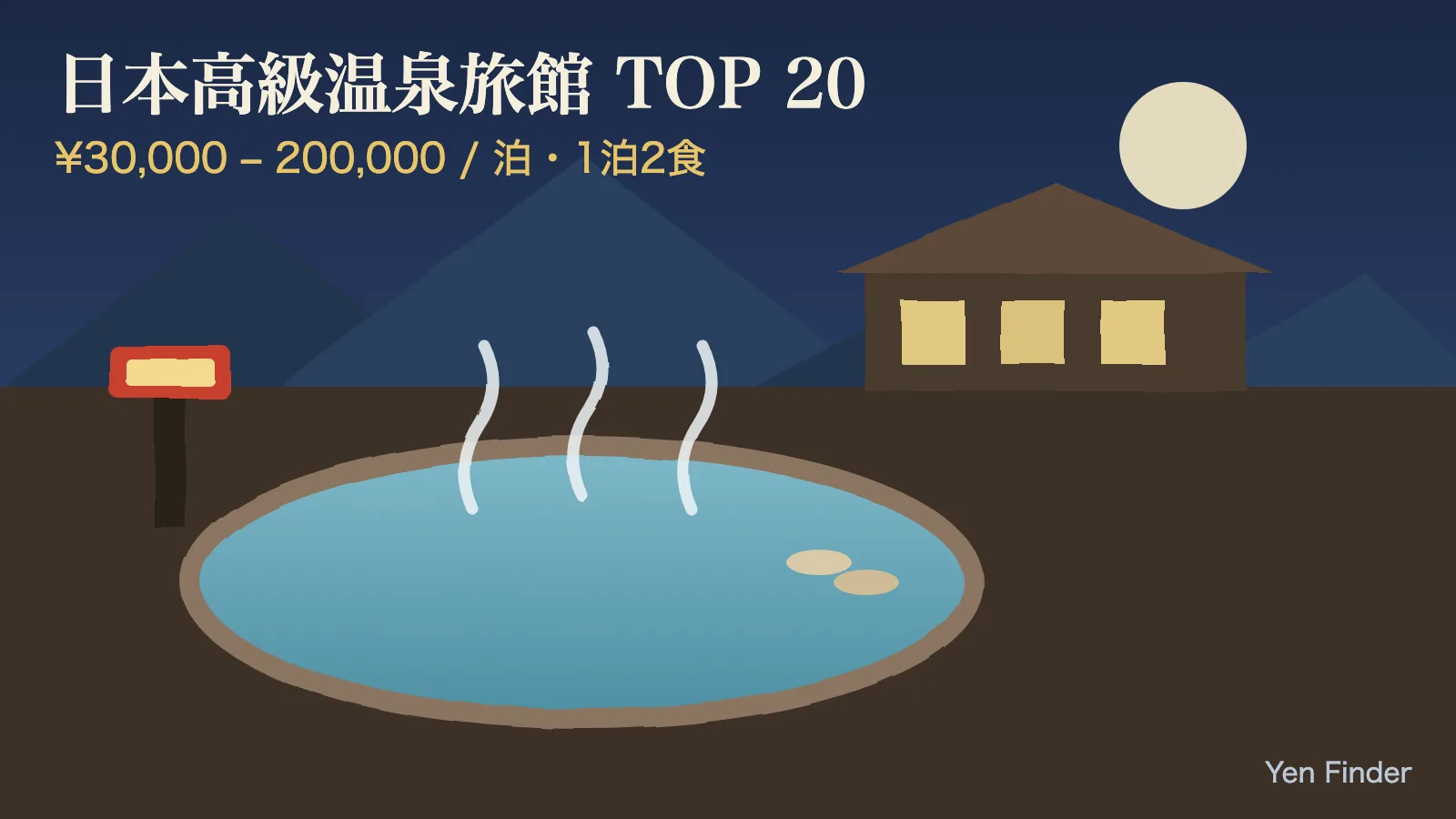 高級温泉旅館の夜の露天風呂 — ガイド表紙イラスト