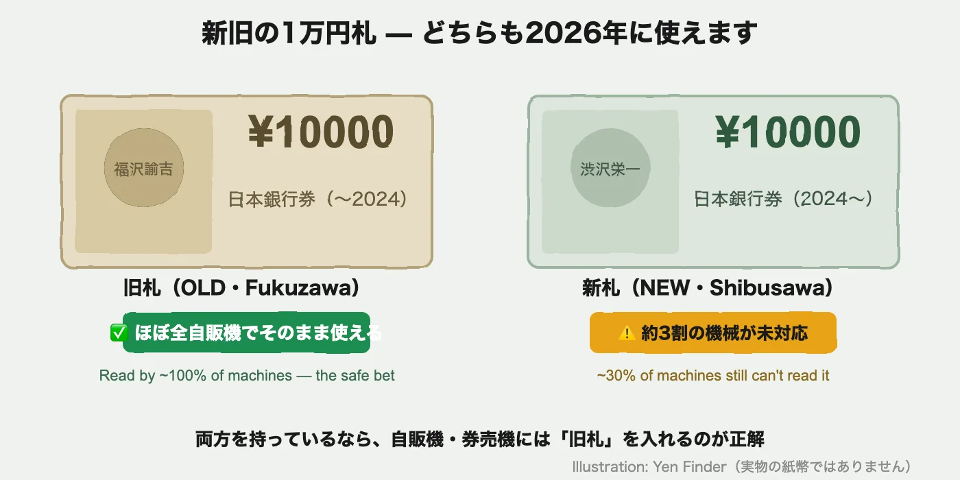 舊版1萬日元(福澤諭吉)與2024新版(澀澤榮一)對比 — 都能用,自動售貨機用舊版更穩