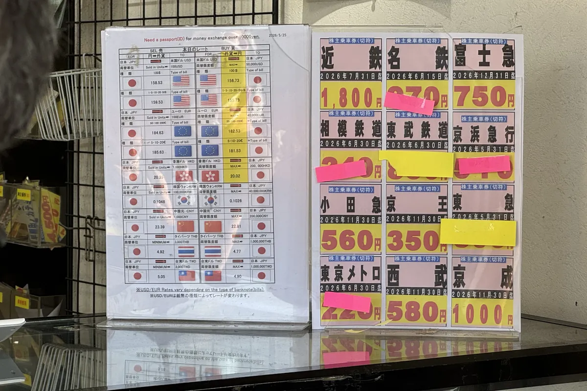 金券ショップの店頭 — 多通貨両替レート表 (左) と株主優待 鉄道チケット価格表 (右) が並ぶ独特の風景