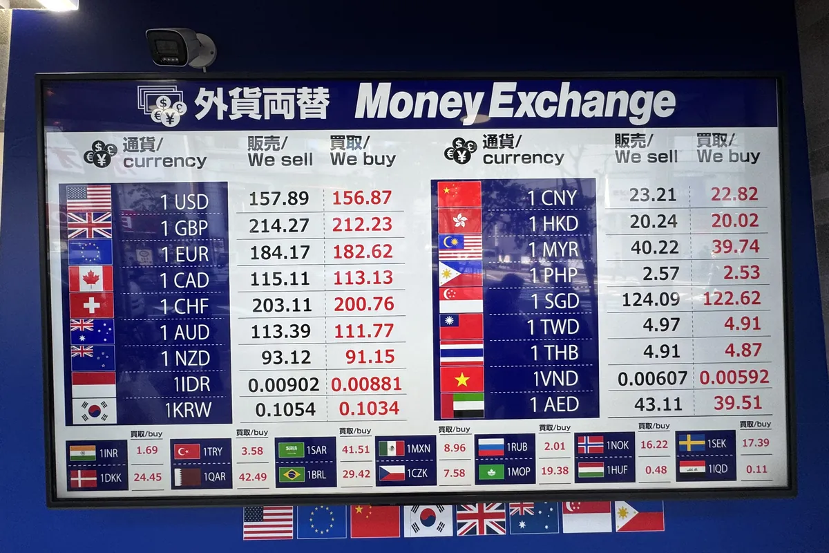 新宿西口の Money Exchange (28通貨対応店) のレート板 — 「we sell / we buy」2列構造が明確